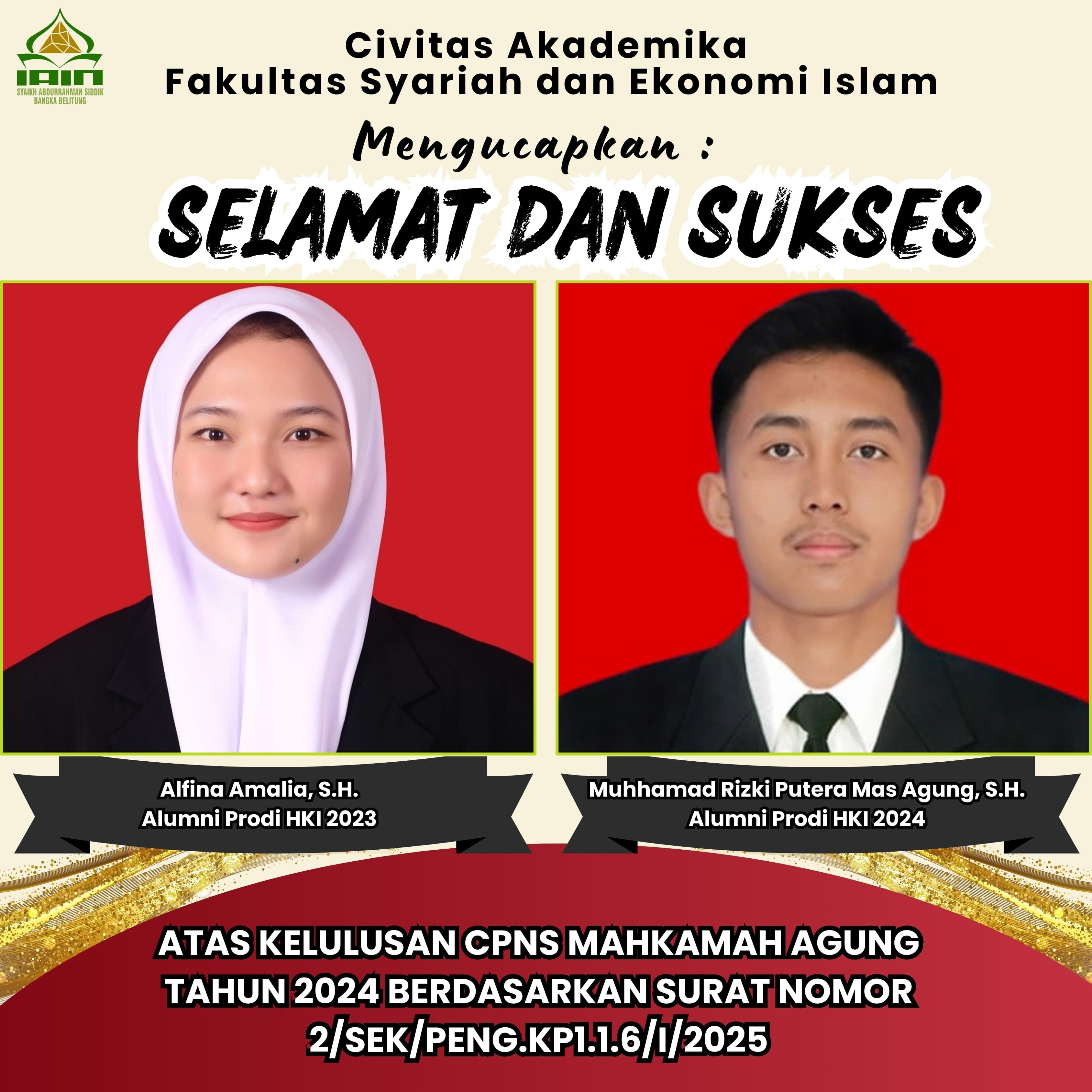 Dua Alumni HKI FSEI IAIN SAS Babel Lulus CPNS Mahkamah Agung RI